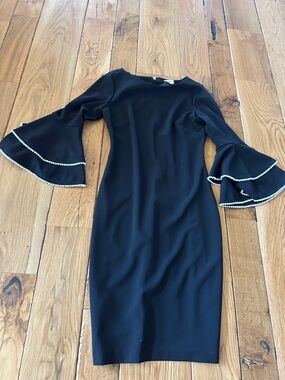 Calvin Klein Black Long-Sleeve Dress w Pearl-Trim Bell Sleeves- worn once